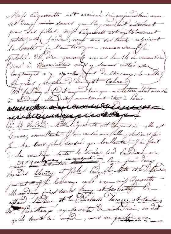Facsimile of a page from Amélina's journal regarding Miss Edgeworth and Bowood House