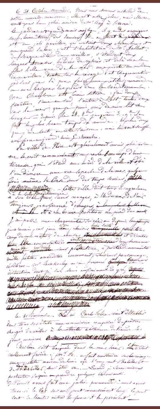 Facsimile of a page from Amélina's journal regarding settling in Nice, France