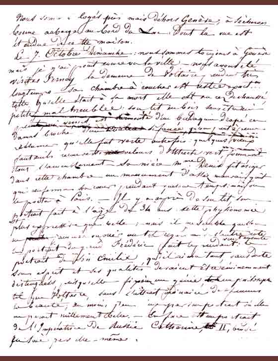 Facsimile of a page from Amélina's journal regarding a visit to Voltaire's castle