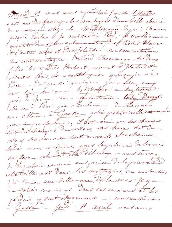 Facsimile of a page from Amélina's journal regarding part of a Grand Tour in France