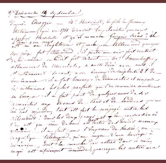 Facsimile of a page from Amélina's journal regarding dining with John Hershal and the astronomer Fraunhofer in Munich