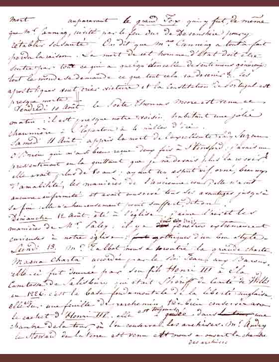Facsimile of a page from Amélina's journal regarding Fox Talbot's discovery of an original copy of the Magna Carta