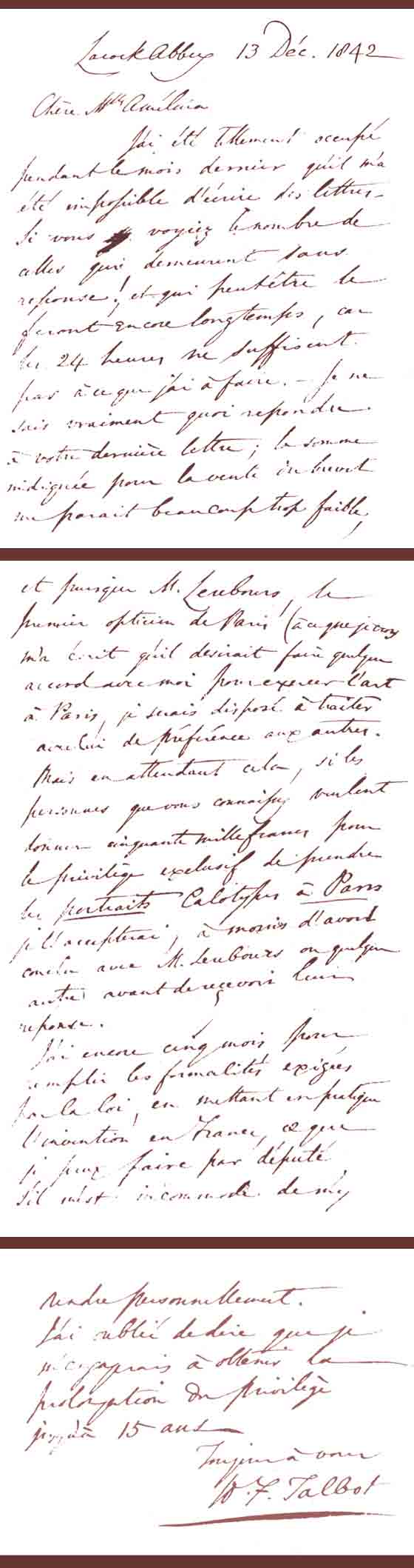 A letter from Fox Talbot to Amélina, writen in 1843, requesting her assistance in promoting his photographic techniques in France